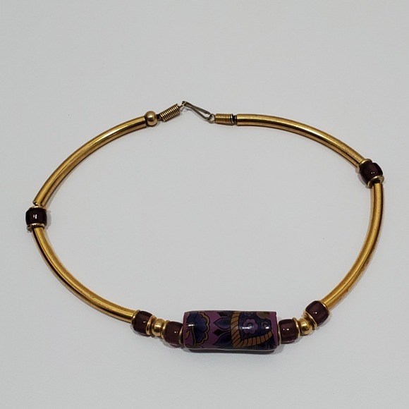 Vtg Omega Style Statement Choker Necklace Goldtone Clay, Metal & Glass Beads - Picture 5 of 10